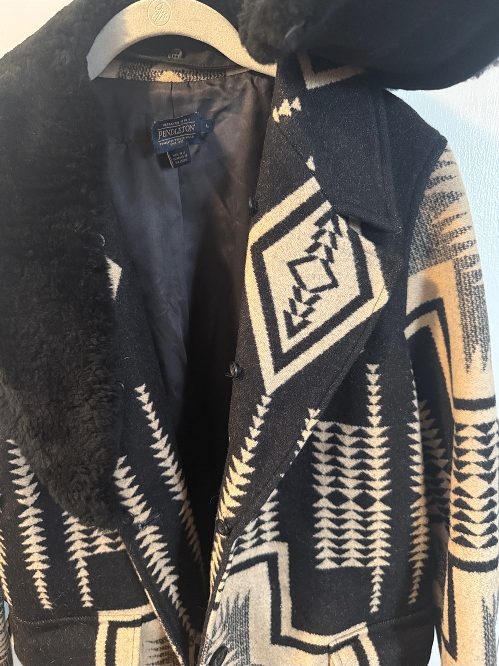 Pendleton Black and Cream Southwestern Peacoat with Plush Shawl Collar - Picture 8 of 9